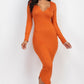 Split Neck Long Sleeve Midi Dress