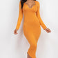 Split Neck Long Sleeve Midi Dress