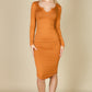 Split Neck Long Sleeve Midi Dress
